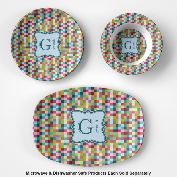 Retro Pixel Squares Microwave & Dishwasher Safe CP Plastic Dishware - Group