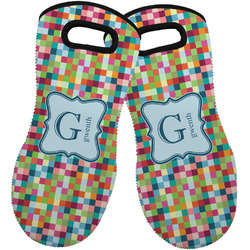 Retro Pixel Squares Neoprene Oven Mitts - Set of 2 w/ Name and Initial