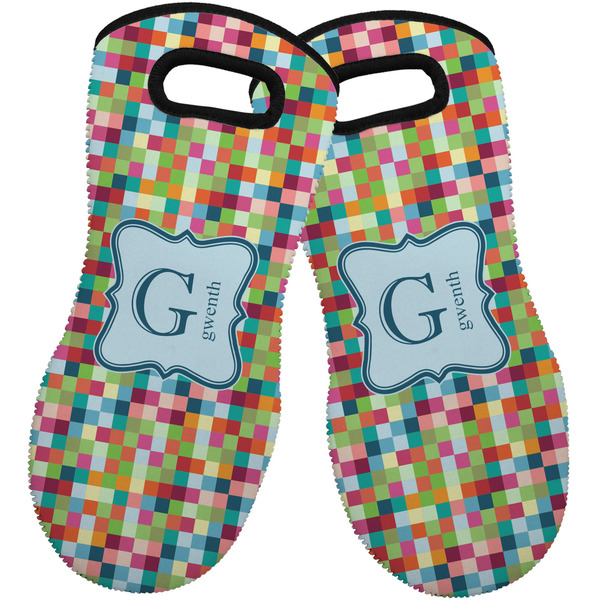 Custom Retro Pixel Squares Neoprene Oven Mitts - Set of 2 w/ Name and Initial