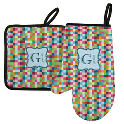 Retro Pixel Squares Left Oven Mitt & Pot Holder Set w/ Name and Initial