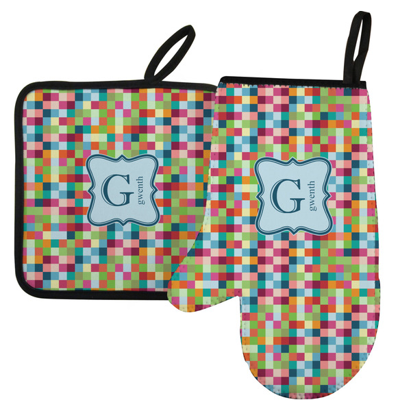 Custom Retro Pixel Squares Left Oven Mitt & Pot Holder Set w/ Name and Initial