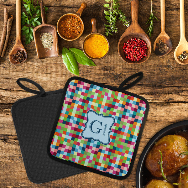 Retro Pixel Squares Neoprene Pot Holder - Set of 2  LIFESTYLE (Flatlay)