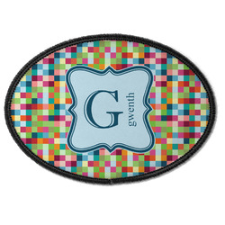 Retro Pixel Squares Iron On Oval Patch w/ Name and Initial