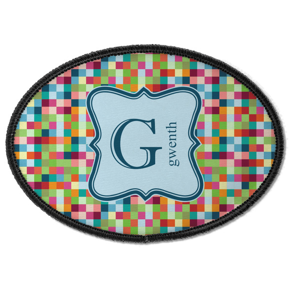Custom Retro Pixel Squares Iron On Oval Patch w/ Name and Initial