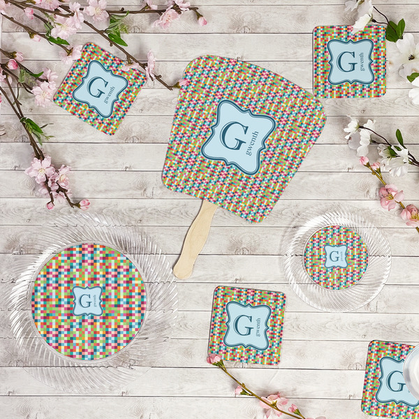 Retro Pixel Squares Party Supplies Combination Image - All items - Plates, Coasters, Fans