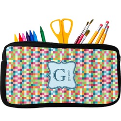 Retro Pixel Squares Neoprene Pencil Case - Small w/ Name and Initial
