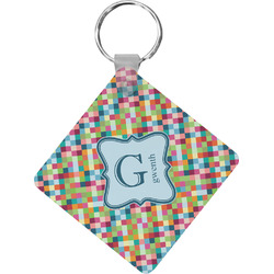 Retro Pixel Squares Diamond Plastic Keychain w/ Name and Initial
