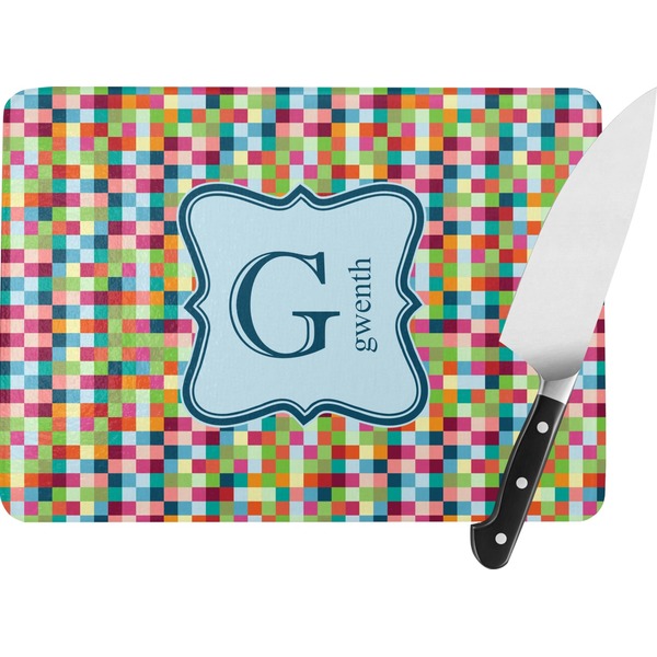Custom Retro Pixel Squares Rectangular Glass Cutting Board - Large - 15.25"x11.25" w/ Name and Initial