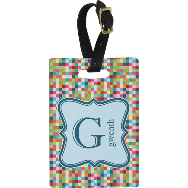 Custom Retro Pixel Squares Plastic Luggage Tag - Rectangular w/ Name and Initial