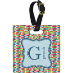 Retro Pixel Squares Plastic Luggage Tag - Square w/ Name and Initial