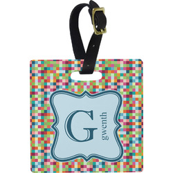 Retro Pixel Squares Plastic Luggage Tag - Square w/ Name and Initial