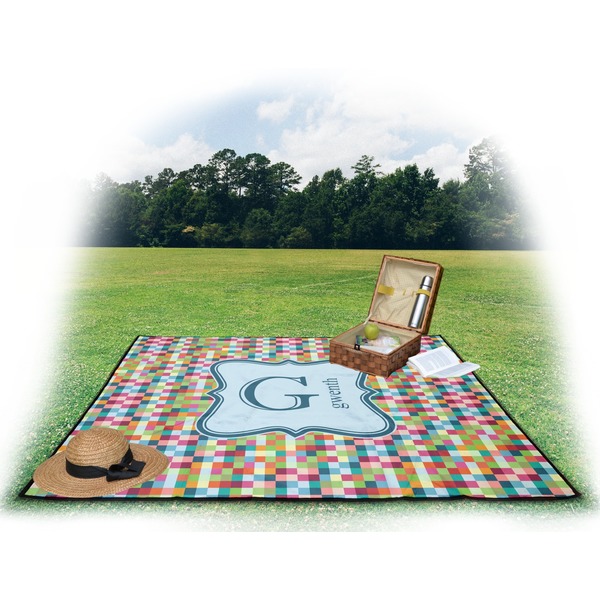 Retro Pixel Squares Picnic Blanket - with Basket Hat and Book - in Use
