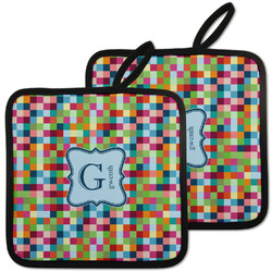 Retro Pixel Squares Pot Holders - Set of 2 w/ Name and Initial