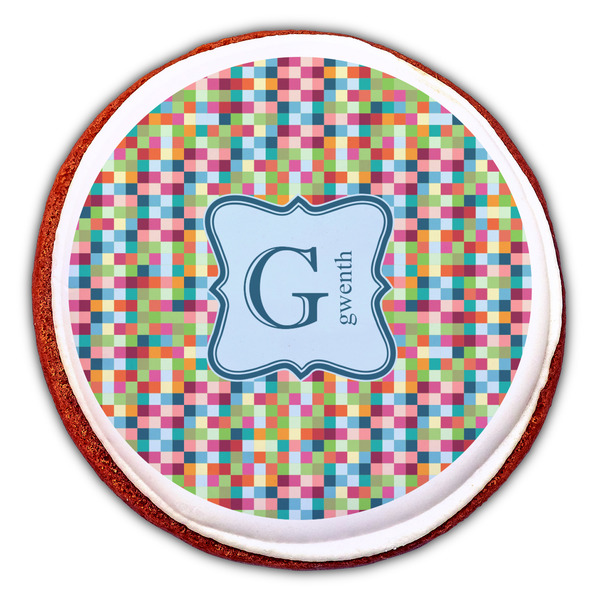 Retro Pixel Squares Printed Icing Circle - Large - On Cookie
