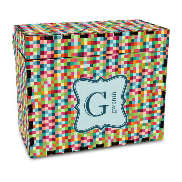 Custom Retro Pixel Squares Wood Recipe Box - Full Color Print (Personalized)