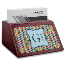 Retro Pixel Squares Red Mahogany Business Card Holder (Personalized)