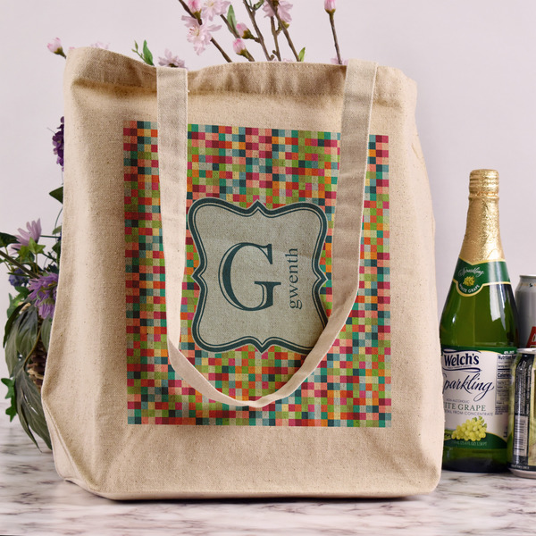 Retro Pixel Squares Reusable Cotton Grocery Bag - In Context