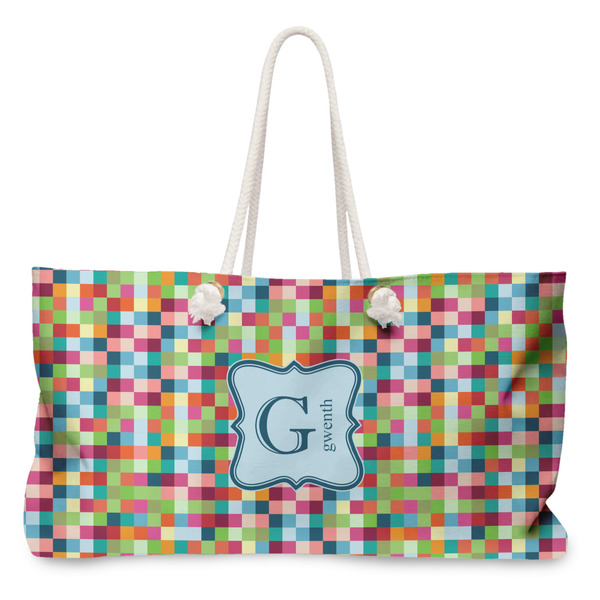 Custom Retro Pixel Squares Large Tote Bag with Rope Handles (Personalized)