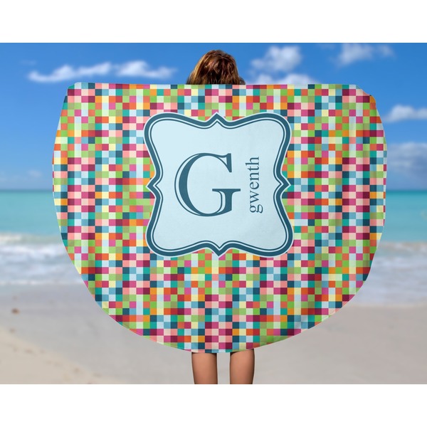 Retro Pixel Squares Round Beach Towel - In Use