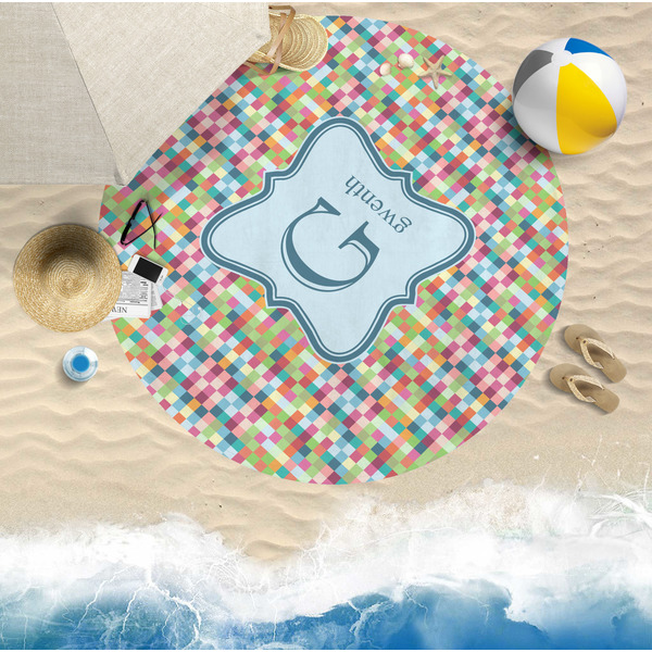 Retro Pixel Squares Round Beach Towel Lifestyle