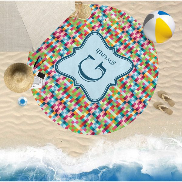 Retro Pixel Squares Round Beach Towel Lifestyle