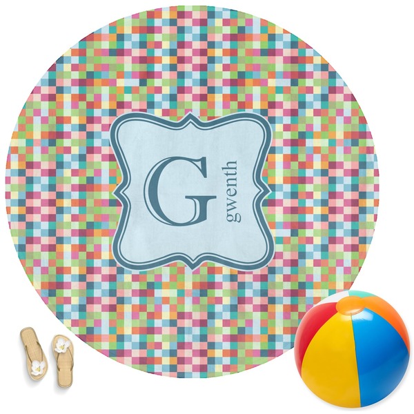 Custom Retro Pixel Squares Round Beach Towel (Personalized)