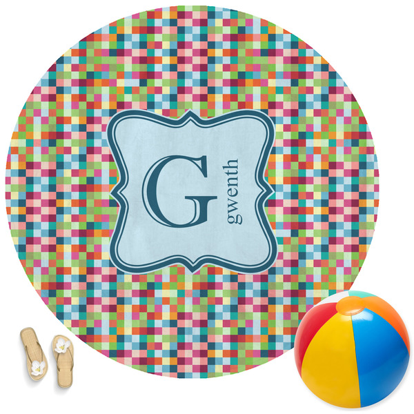 Custom Retro Pixel Squares Round Beach Towel (Personalized)
