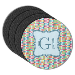 Retro Pixel Squares Round Rubber Backed Coasters - Set of 4 (Personalized)