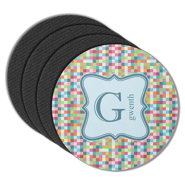 Custom Retro Pixel Squares Round Rubber Backed Coasters - Set of 4 (Personalized)