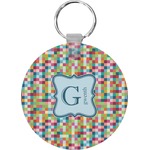 Retro Pixel Squares Round Plastic Keychain (Personalized)