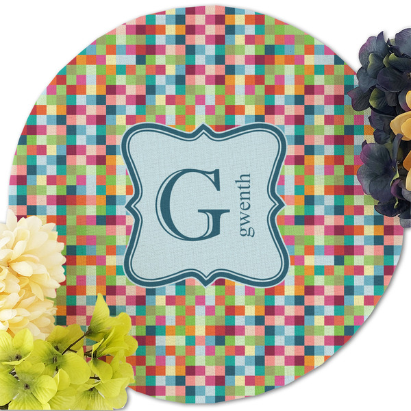 Retro Pixel Squares Round Linen Placemats - Front (w flowers)