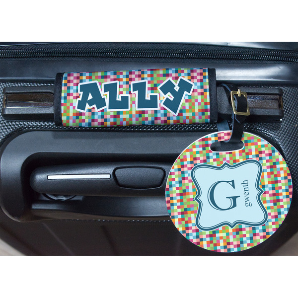 Retro Pixel Squares Round Luggage Tag & Handle Wrap - In Context