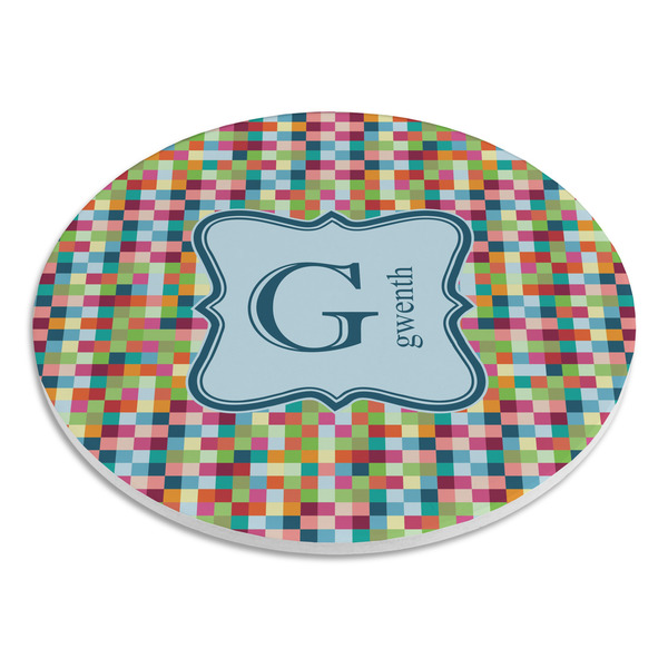 Retro Pixel Squares Round Stone Trivet - Angle View