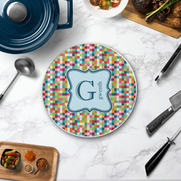 Retro Pixel Squares Round Stone Trivet - In Context View