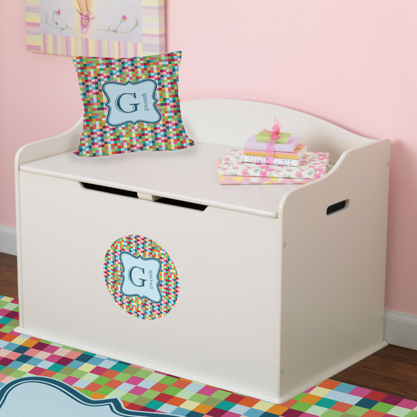 Retro Pixel Squares Round Wall Decal on Toy Chest