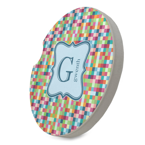 Retro Pixel Squares Sandstone Car Coaster - STANDING ANGLE