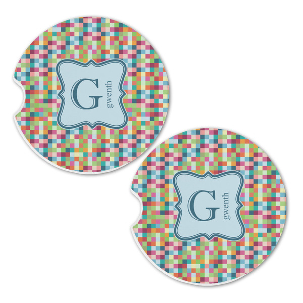 Retro Pixel Squares Sandstone Car Coasters - Set of 2