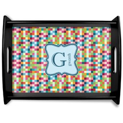 Retro Pixel Squares Black Wooden Tray - Large (Personalized)