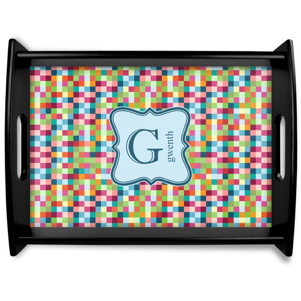 Custom Retro Pixel Squares Black Wooden Tray - Large (Personalized)