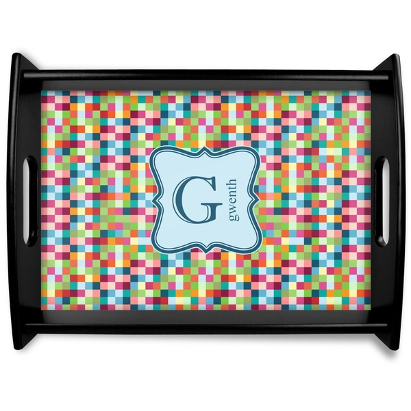 Custom Retro Pixel Squares Black Wooden Tray - Large (Personalized)