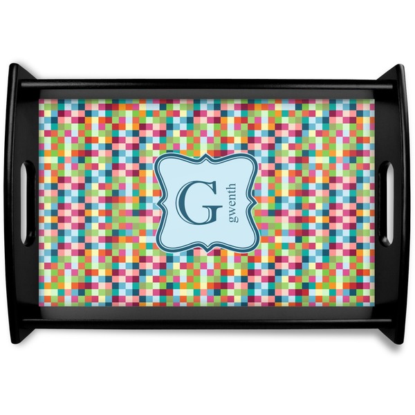 Custom Retro Pixel Squares Black Wooden Tray - Small (Personalized)