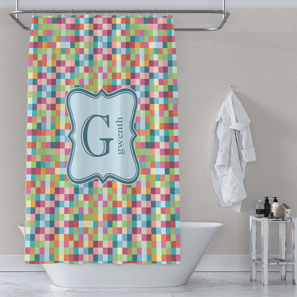 Retro Pixel Squares Shower Curtain Lifestyle