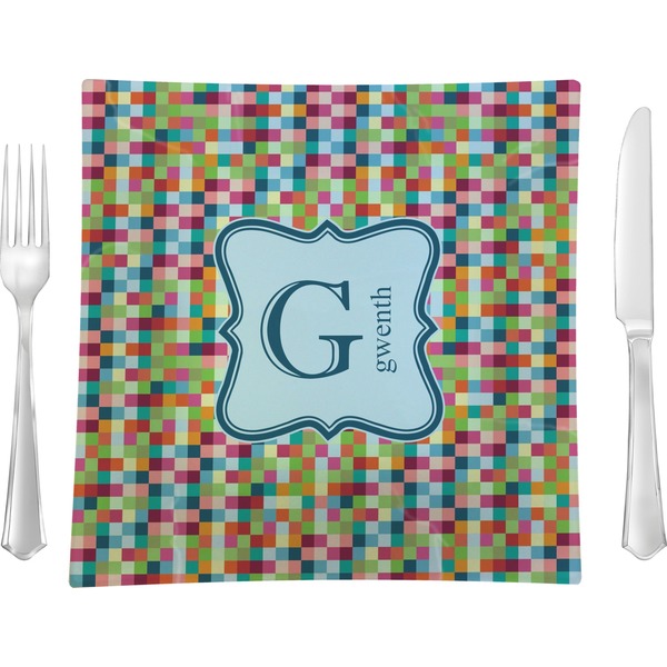 Custom Retro Pixel Squares 9.5" Glass Square Lunch / Dinner Plate- Single or Set of 4 (Personalized)