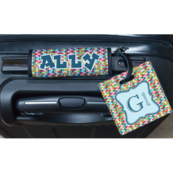 Retro Pixel Squares Square Luggage Tag & Handle Wrap - In Context