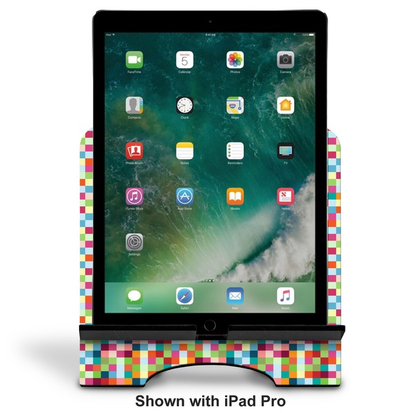 Retro Pixel Squares Stylized Tablet Stand - Front with ipad