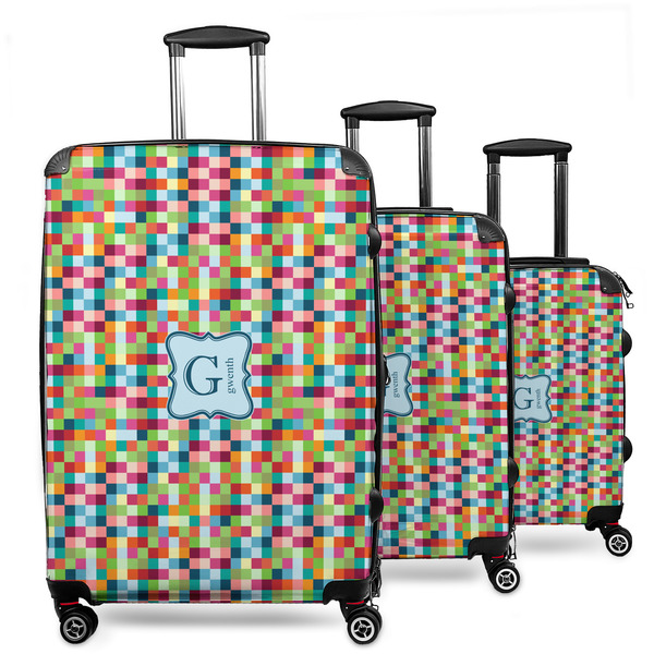 Custom Retro Pixel Squares 3 Piece Luggage Set - 20" Carry On, 24" Medium Checked, 28" Large Checked (Personalized)