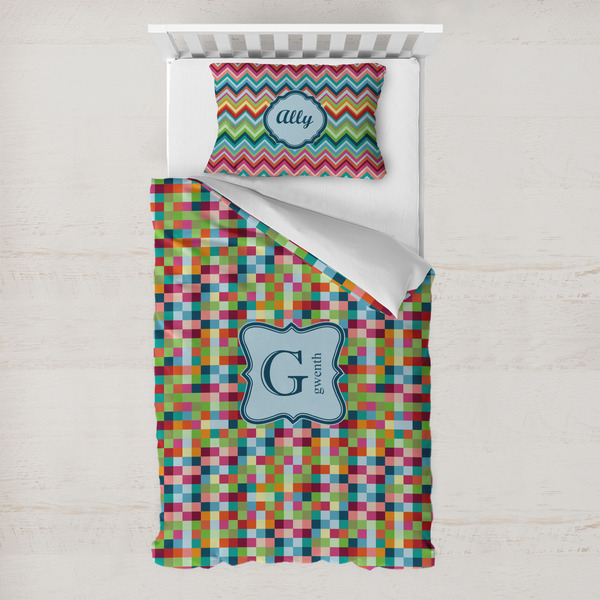Custom Retro Pixel Squares Toddler Bedding w/ Name and Initial