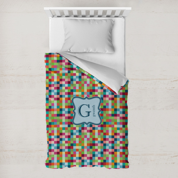 Custom Retro Pixel Squares Toddler Duvet Cover w/ Name and Initial