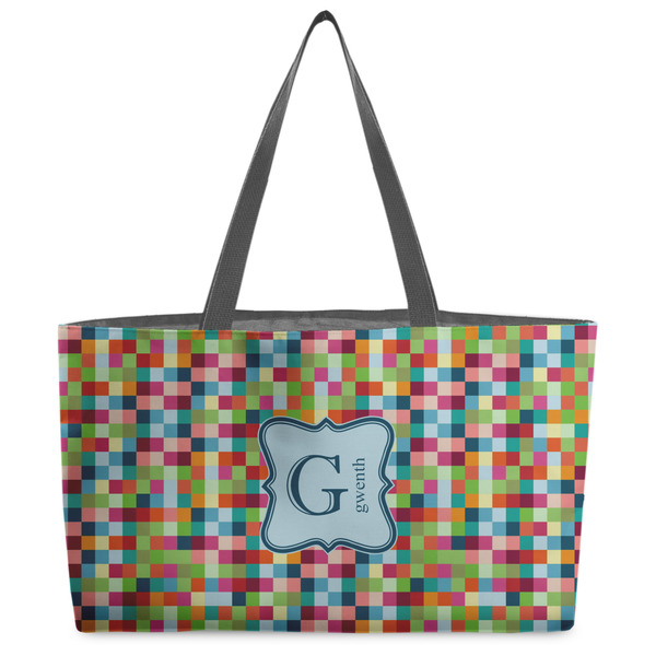 Custom Retro Pixel Squares Beach Totes Bag - w/ Black Handles (Personalized)