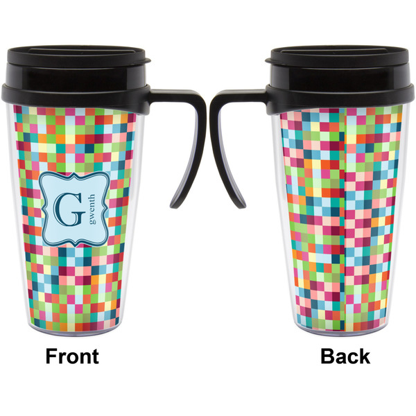 Retro Pixel Squares Travel Mug with Black Handle - Approval